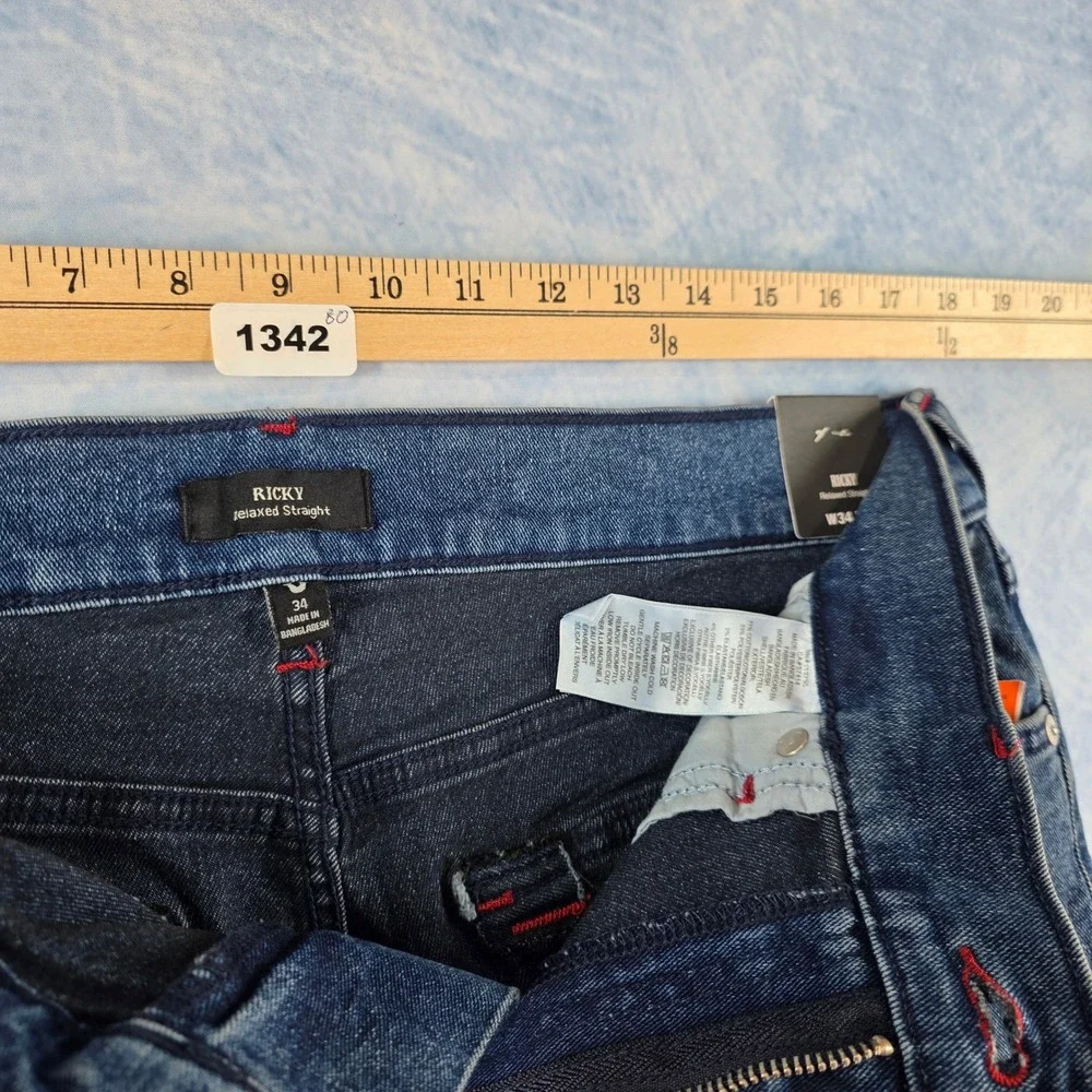 True Religion Ricky Relaxed Straight Jeans Blue Red Horseshoe Stitching Mens‎ 34